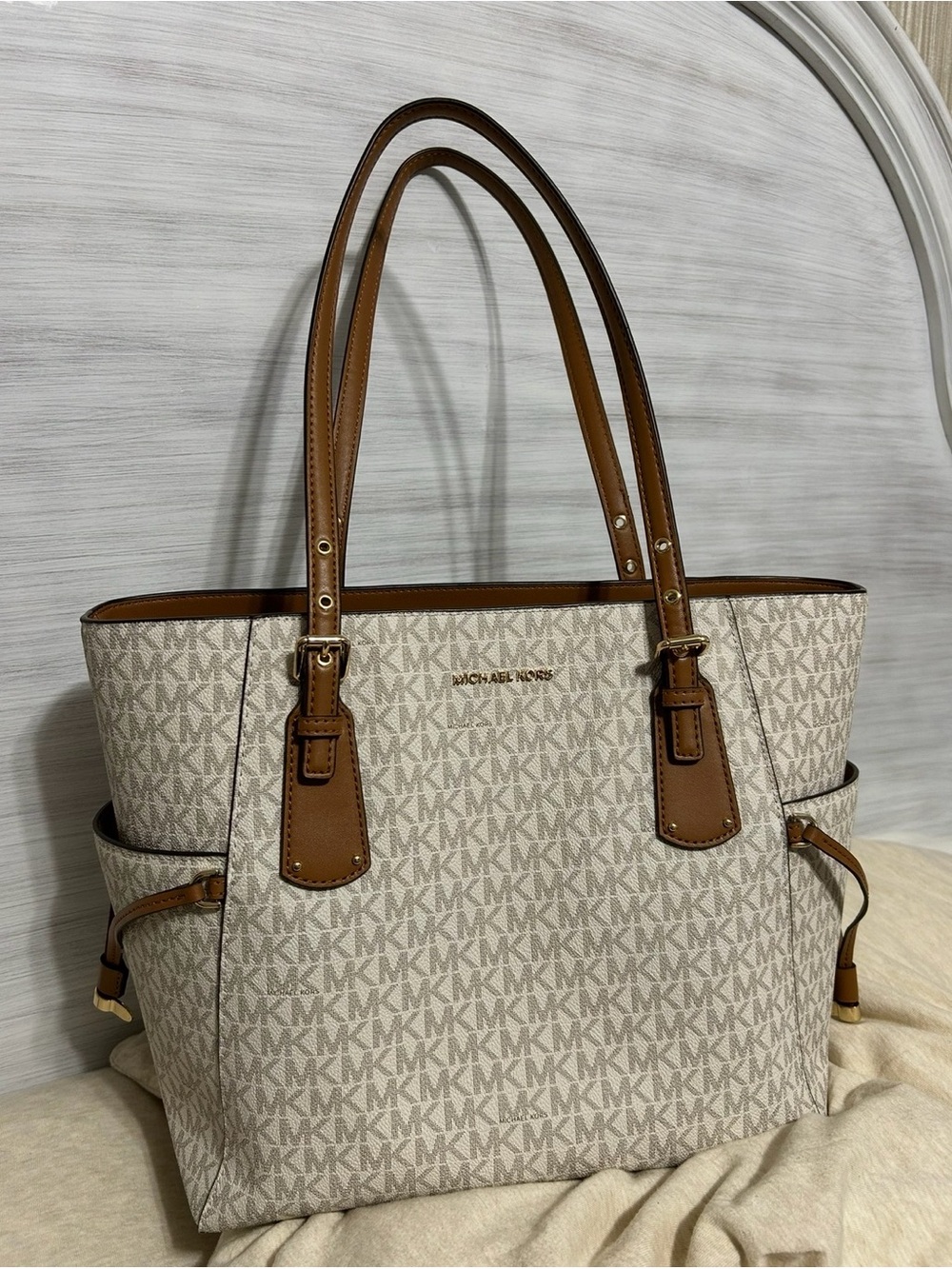 Michael Kors Beige MK Logo Tote with Brown Leather Trim